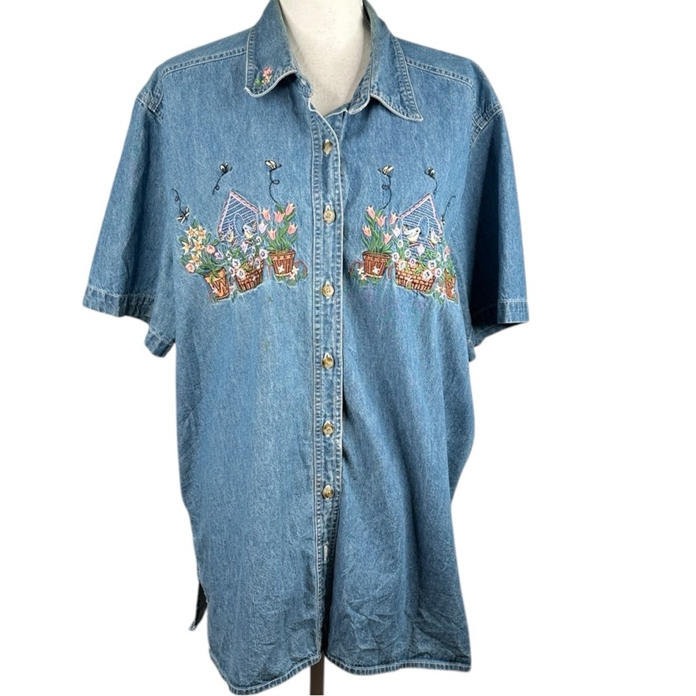 Just My Size Spring Embroidered Birdhouse Floral Denim Short Sleeve Shirt XL